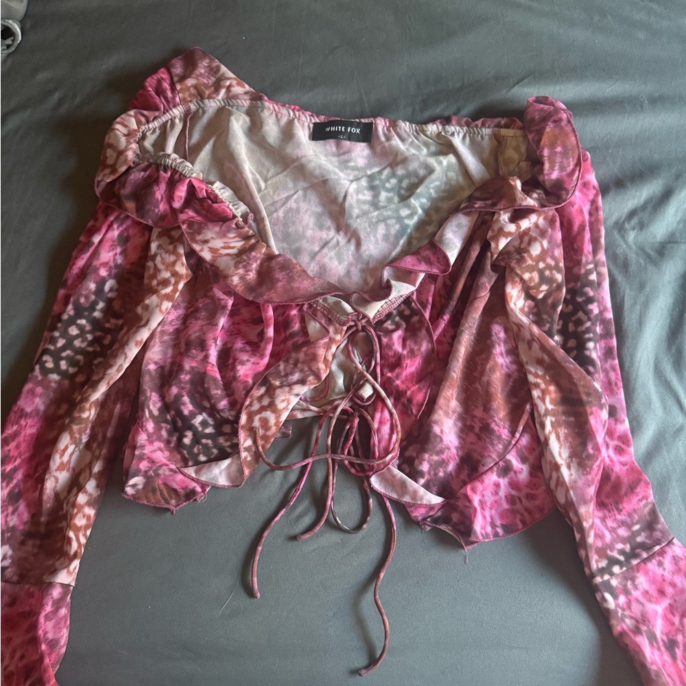 Pink and Brown Off Shoulder Mesh Top